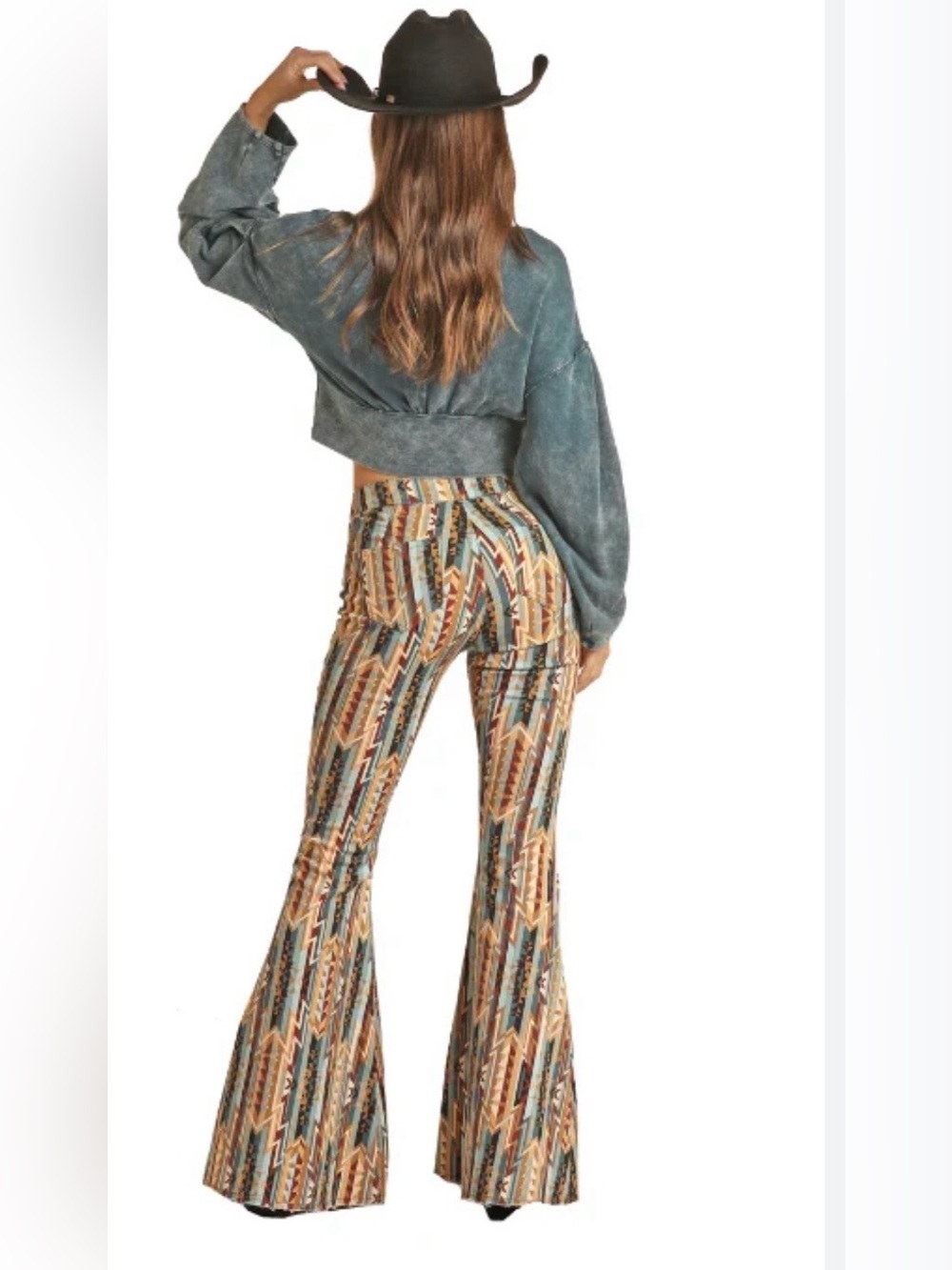 Rock & Roll Teal & Tan Aztec Flare Pants - Picture 2 of 14